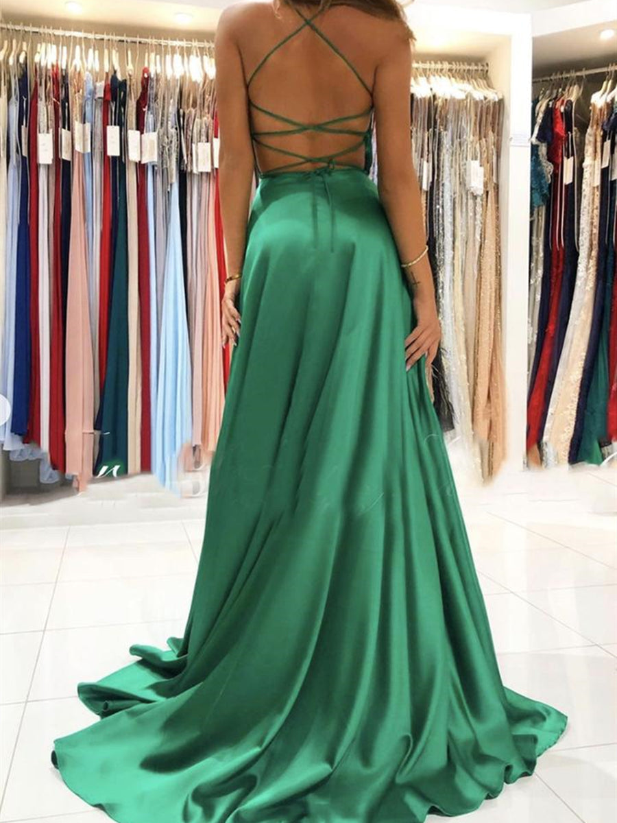 Simple V Neck Backless Green Long Prom Dresses with High Slit, Backless Green Formal Graduation Evening Dresses