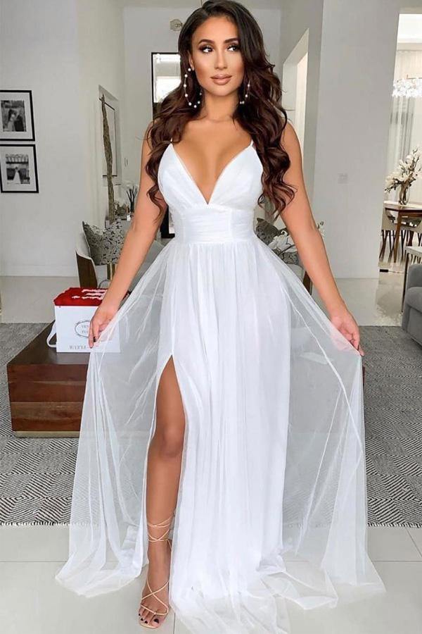 Simple V Neck Tulle Prom Dress Split Party Gown