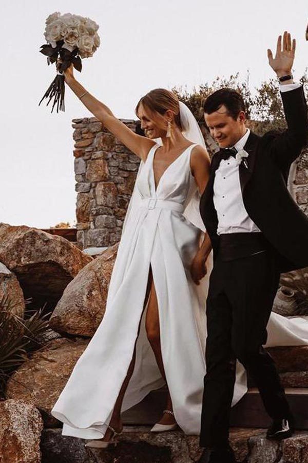 Simple White Satin V Neck Wedding Dress With Sweep Train