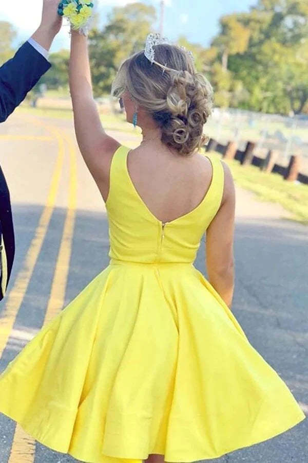 Simple Yellow Satin Short Homecoming Dress With Ruffles WD262 winkbridal