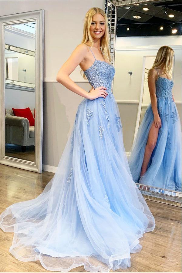 A-line Cross Back Long Tulle Prom Dress With Lace Applique