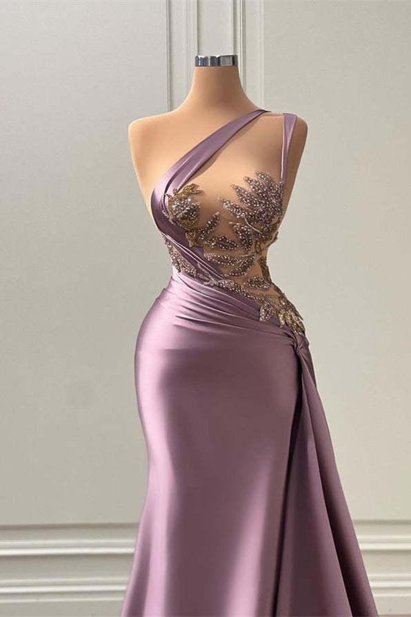 Sleeveless Strapless Purple Long Prom Dress with Pleated Beadings