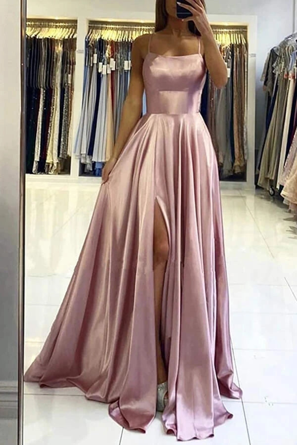 Spaghetti Straps Backless Long Prom Dress Satin Party Dress