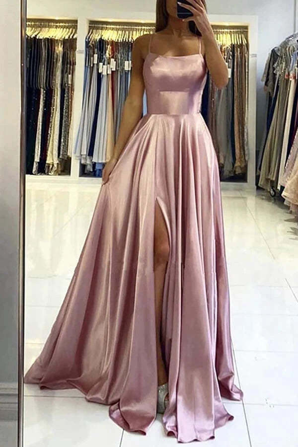 Spaghetti Straps Backless Long Prom Dress Satin Party Dress