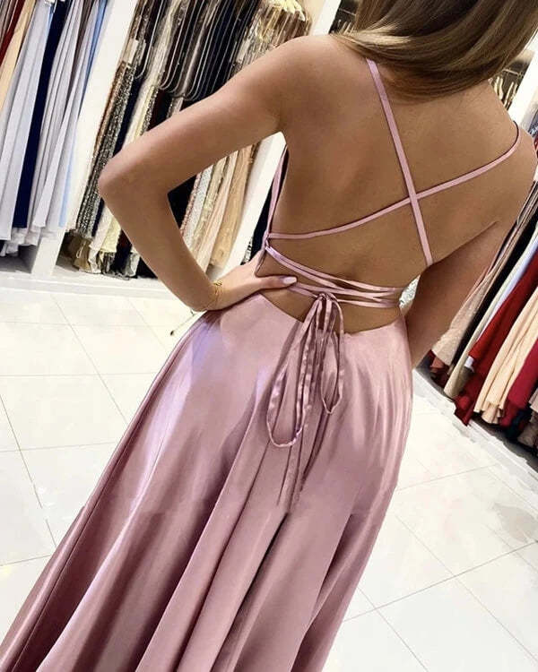 Spaghetti Straps Backless Long Prom Dress Satin Party Dress