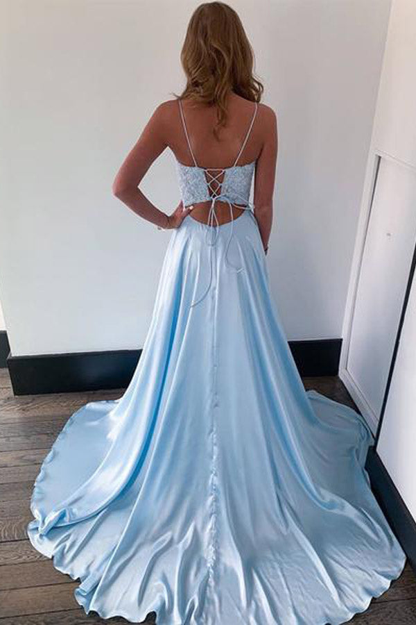 Spaghetti Straps Blue Satin Long Prom Dress With Lace Top