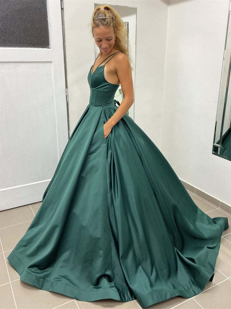 Spaghetti Straps Dark Green A-line Prom Dresses Long Formal Dresses