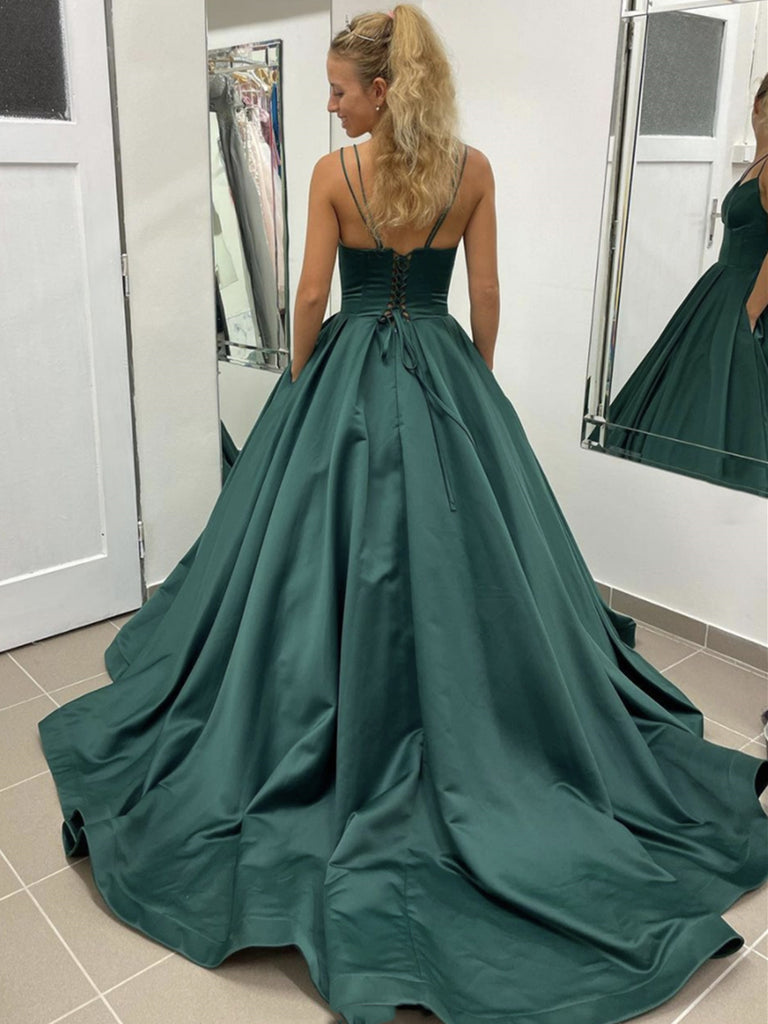 Spaghetti Straps Dark Green A-line Prom Dresses Long Formal Dresses
