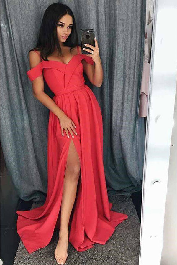 Spaghetti Straps Open Shoulder Satin Prom Dress With Side Slit