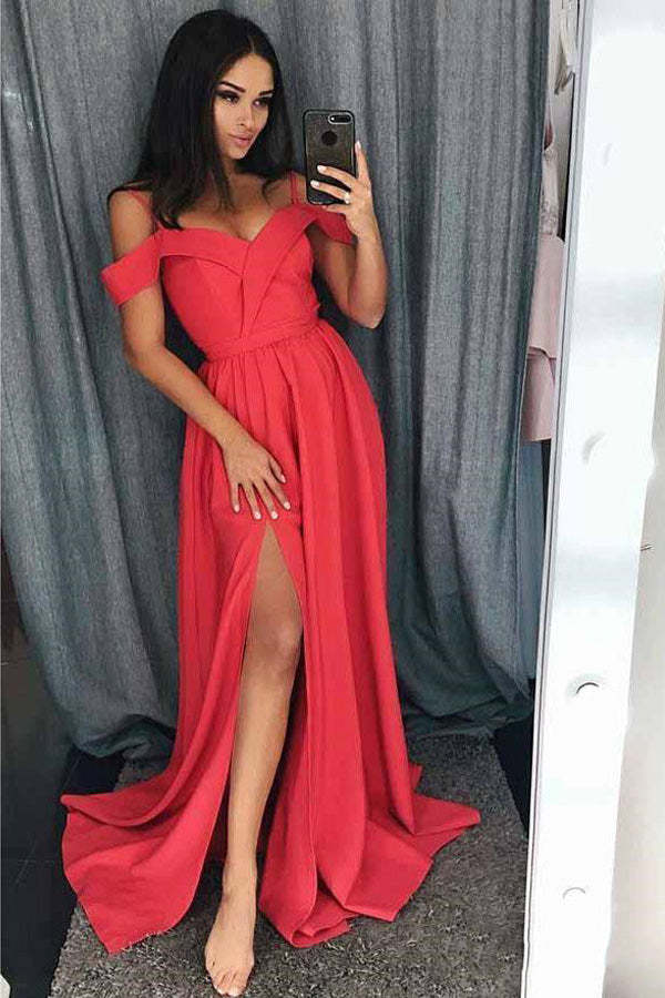 Spaghetti Straps Open Shoulder Satin Prom Dress With Side Slit