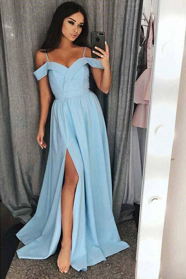 Spaghetti Straps Open Shoulder Satin Prom Dress With Side Slit
