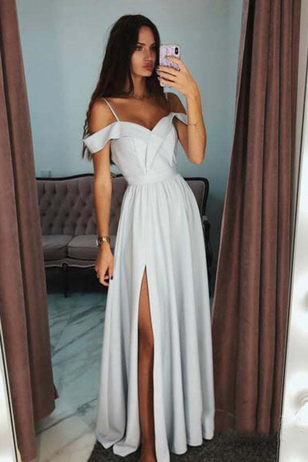 Spaghetti Straps Open Shoulder Satin Prom Dress With Side Slit