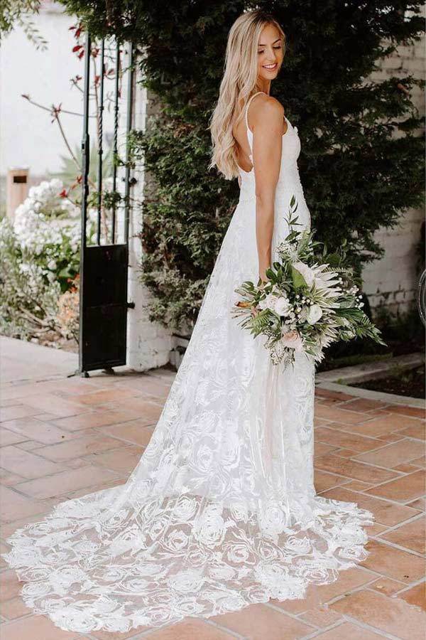 Spaghetti Straps Rose Lace Beach Wedding Dress
