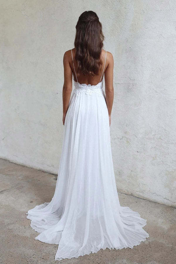 Spaghetti Straps Sweetheart White Chiffon Beach Wedding Dresses