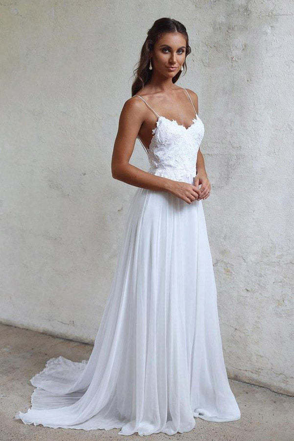 Spaghetti Straps Sweetheart White Chiffon Beach Wedding Dresses