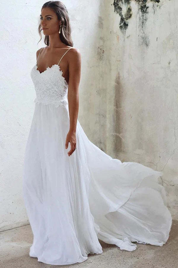 Spaghetti Straps Sweetheart White Chiffon Beach Wedding Dresses