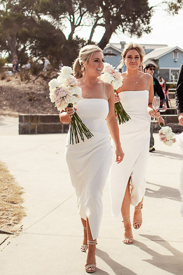 Spaghetti Strpas Tea Length Ivory Bridesmaid Dress