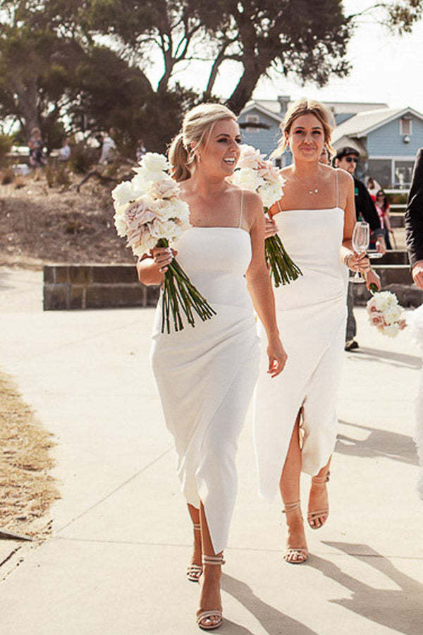 Spaghetti Strpas Tea Length Ivory Bridesmaid Dress