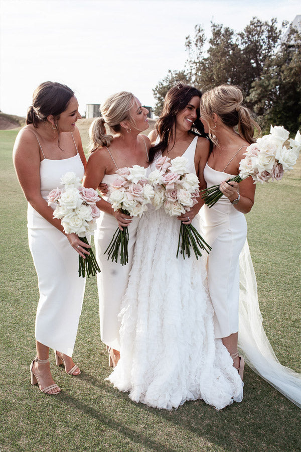 Spaghetti Strpas Tea Length Ivory Bridesmaid Dress