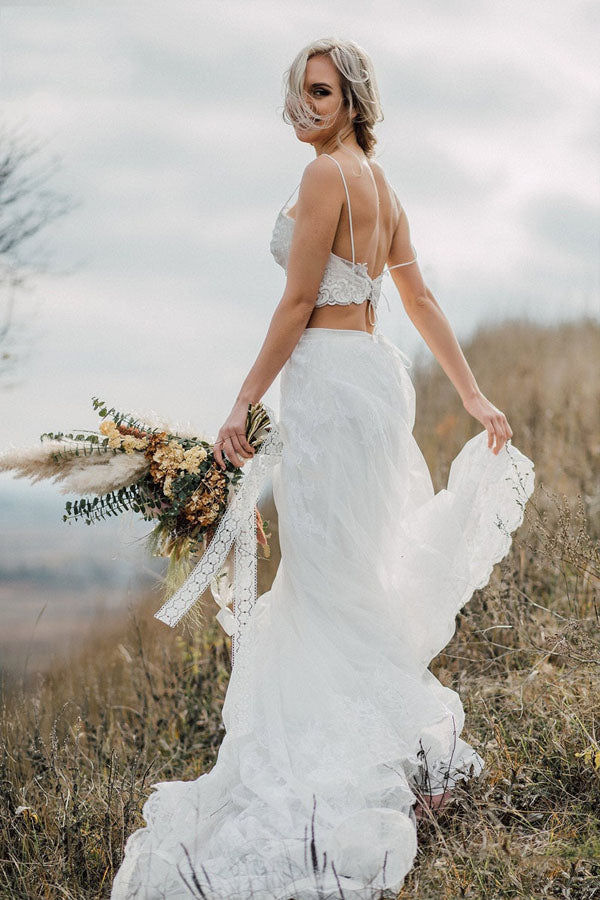 Spaghetti Straps Two Piece White Lace Wedding Elegant Bridal Gown