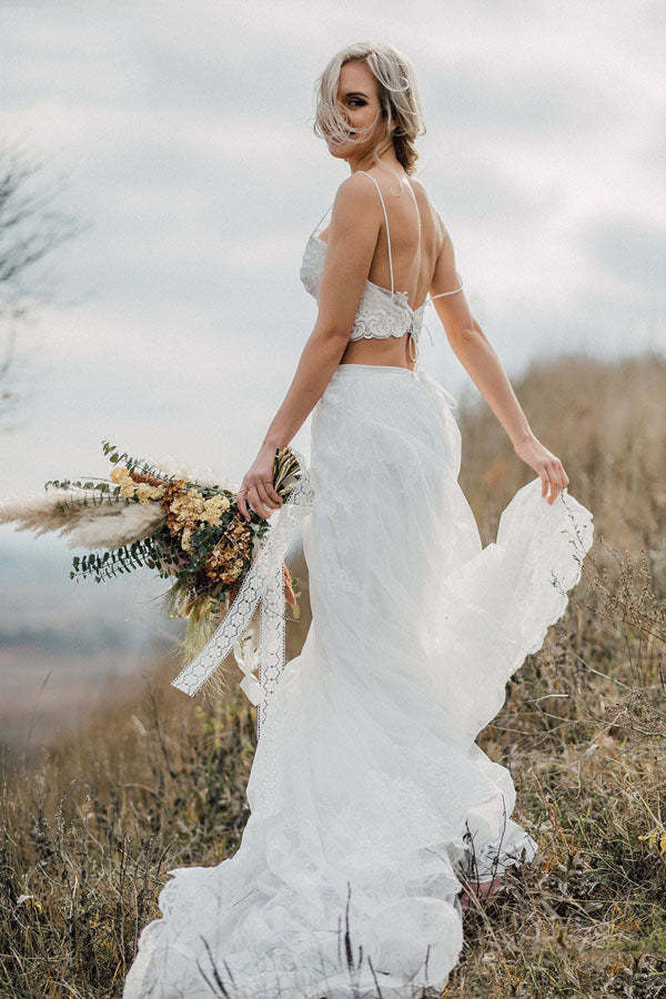 Spaghetti Straps Two Piece White Lace Wedding Elegant Bridal Gown