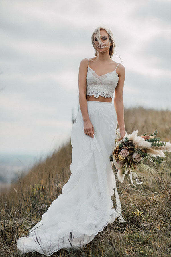 Spaghetti Straps Two Piece White Lace Wedding Elegant Bridal Gown
