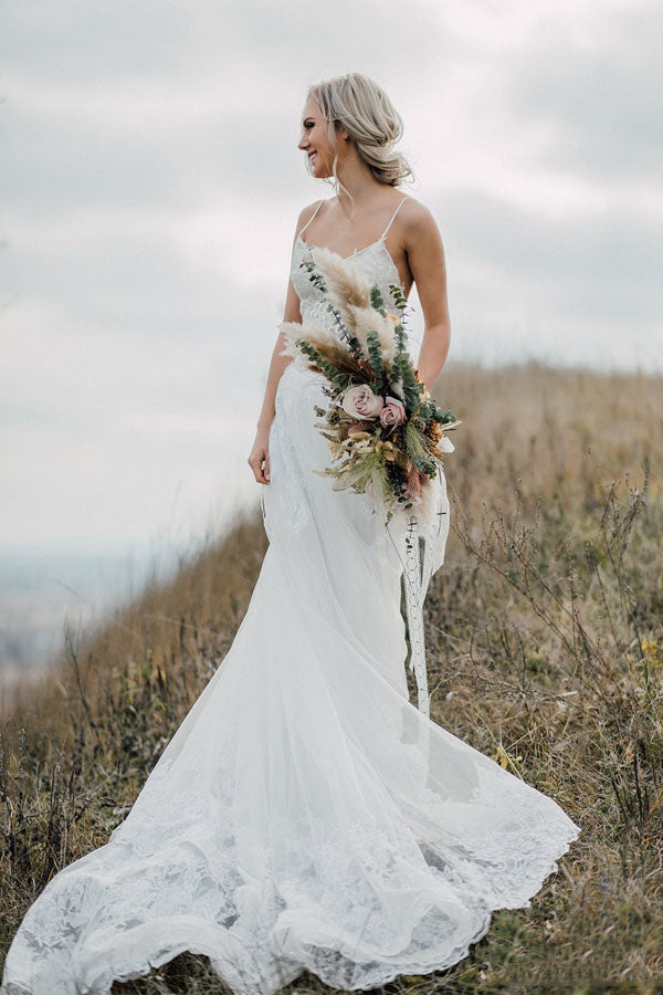 Spaghetti Straps Two Piece White Lace Wedding Elegant Bridal Gown