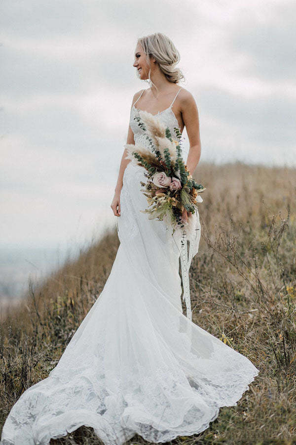 Spaghetti Straps Two Piece White Lace Wedding Elegant Bridal Gown