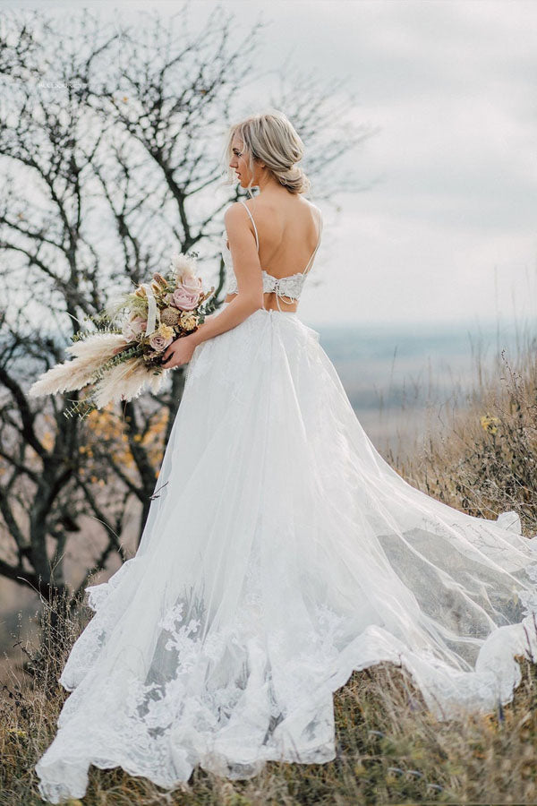 Spaghetti Straps Two Piece White Lace Wedding Elegant Bridal Gown
