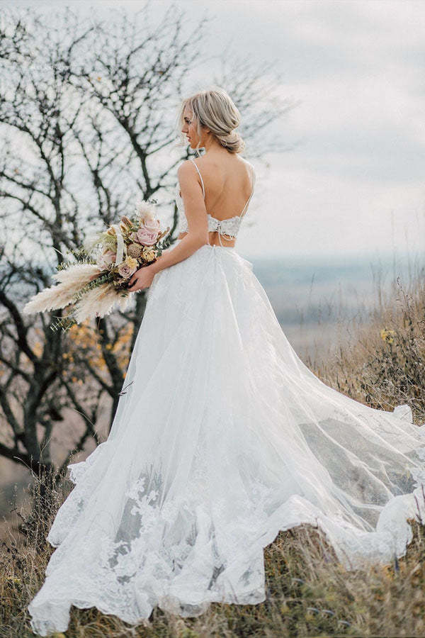 Spaghetti Straps Two Piece White Lace Wedding Elegant Bridal Gown