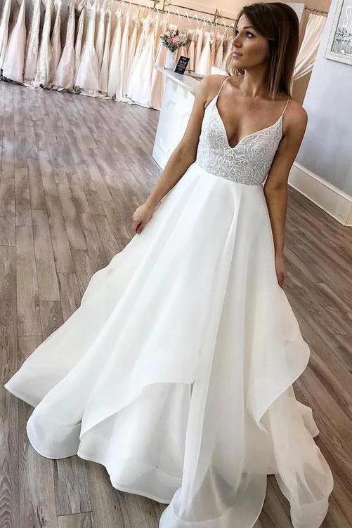 Spaghetti Straps White Tulle Wedding DressWith Lace