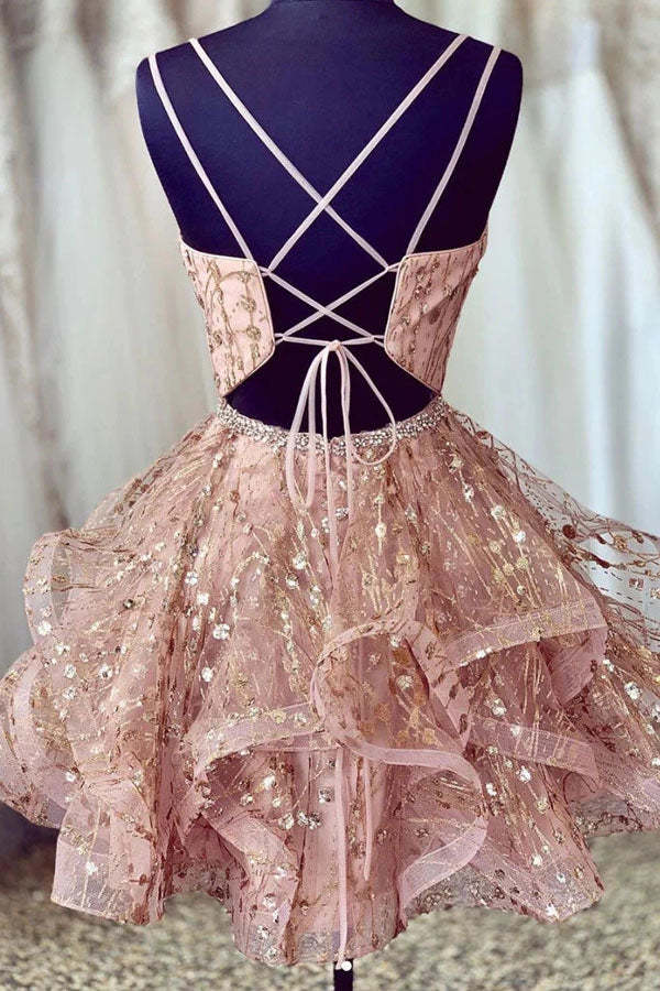 Sparkly A Line Beaded Pink Short Homecoming Dress Sequins Cocktail Dress