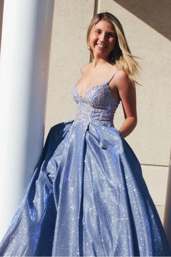 Sparkly A Line Satin Long Prom Dress With Lace Appliques