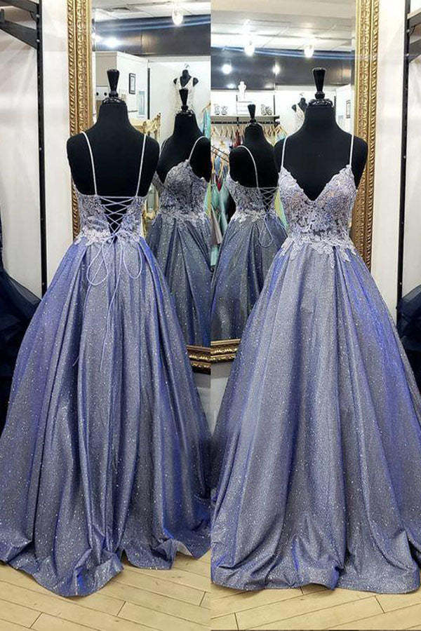 Sparkly A Line Satin Long Prom Dress With Lace Appliques