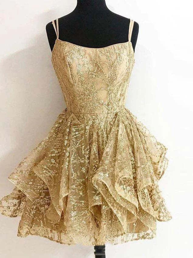 Sparkly A Line Short Homecoming Dress Gold Sequins Cocktail Dress