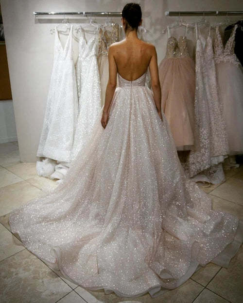 Sparkly A Line Strapless Champagne Wedding Dress Sweetheart Bridal Gown WW293 winkbridal