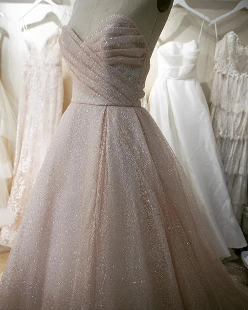 Sparkly A Line Strapless Champagne Wedding Dress Sweetheart Bridal Gown WW293 winkbridal