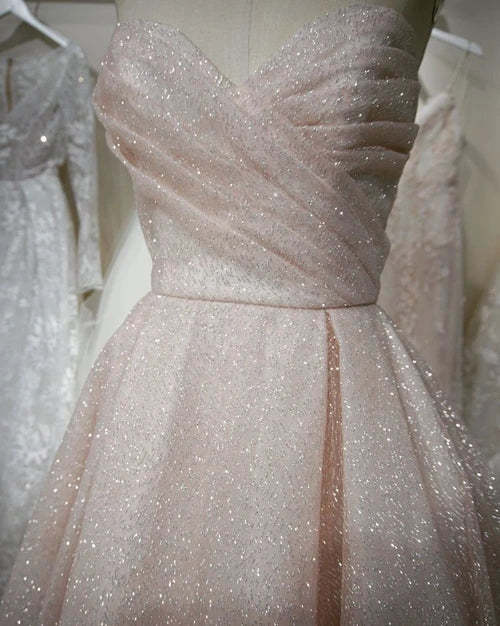 Sparkly A Line Strapless Champagne Wedding Dress Sweetheart Bridal Gown WW293 winkbridal