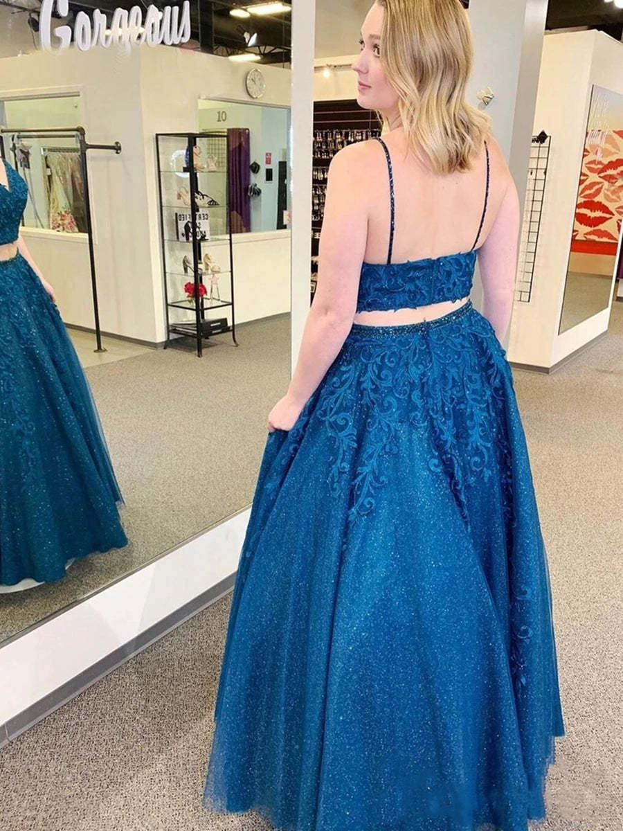 y A Line V Neck Two Pieces Lace Appliques Blue Prom Dresses, Two Pieces Lace Blue Formal Dresses, Blue Lace Evening Dresses
