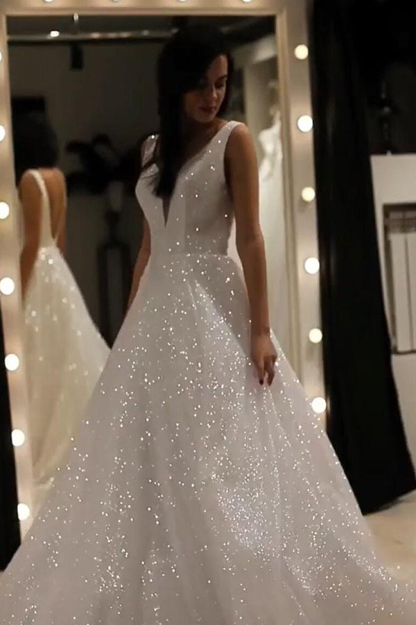 Sparkly A Line V Neck Wedding Dress Backless Prom Dress