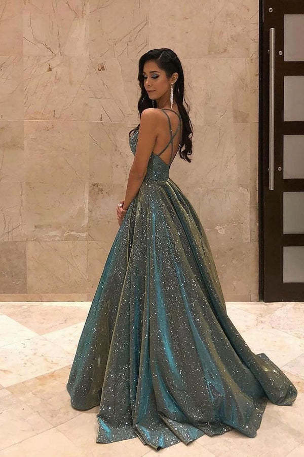 Sparkly Ball Gown Spaghetti Straps Prom Dress Backless Evening Dress