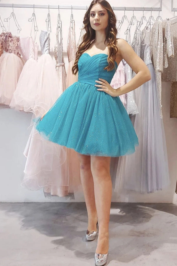 Sparkly Blue Tulle Strapless Homecoming Dress