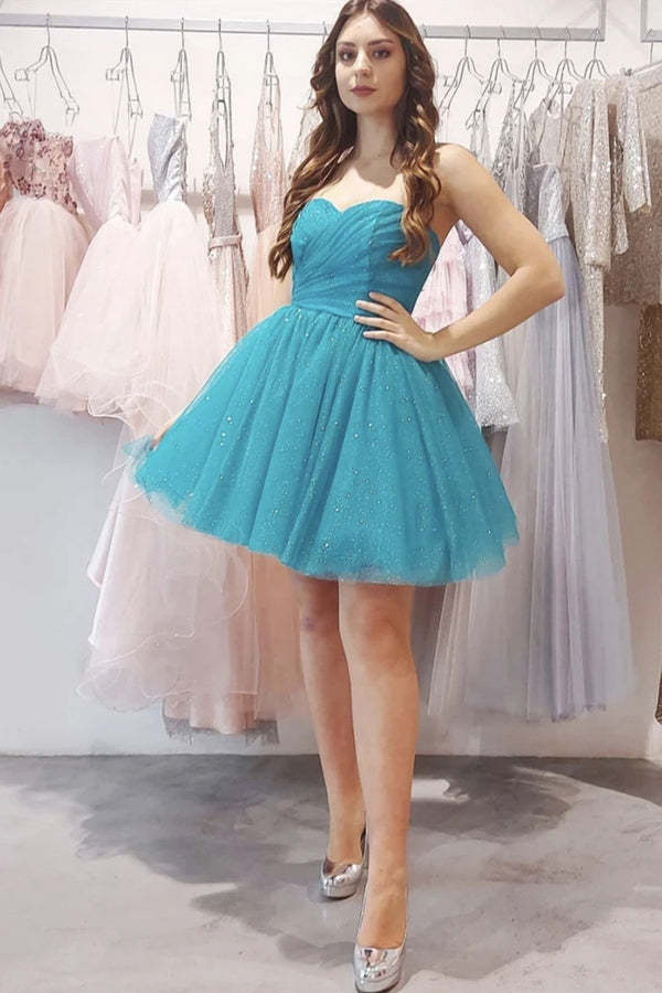 Sparkly Blue Tulle Strapless Homecoming Dress
