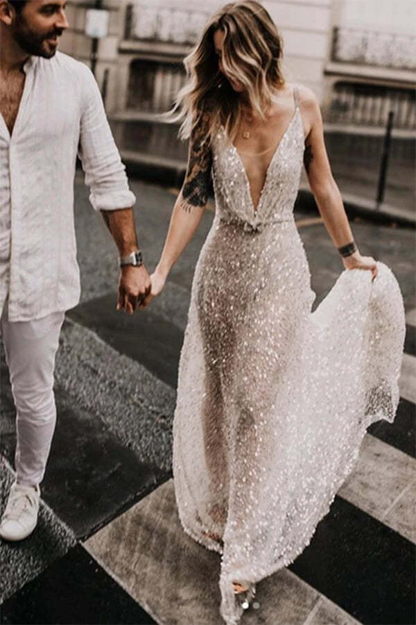 Sparkly Illusion Neck Lace Wedding Dress Backless Bridal Gown