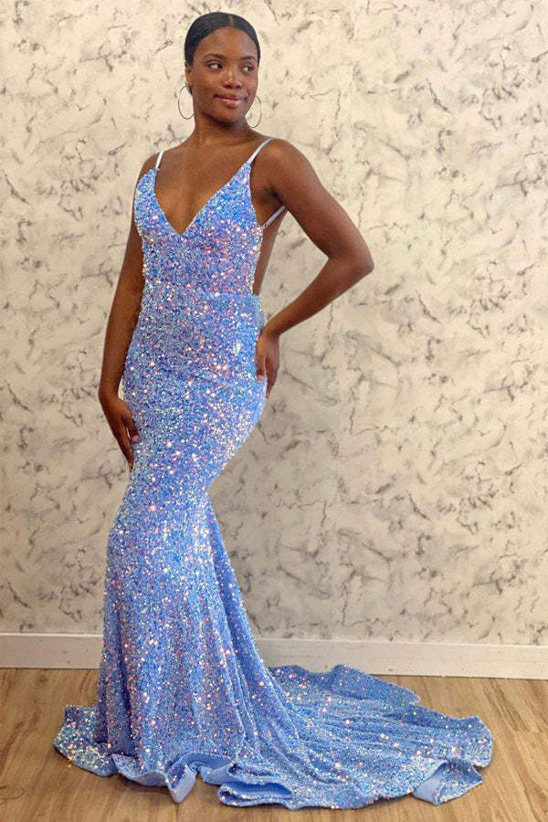 Sparkly Mermaid Sequins Prom Dress Backless Evening Dress