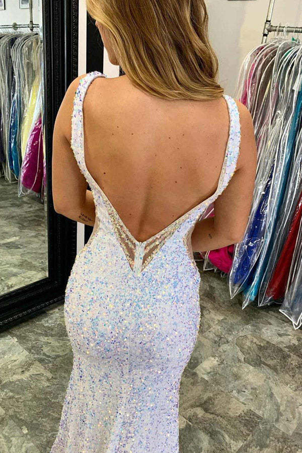 Sparkly Mermaid V Neck Long Prom Dress With Slit