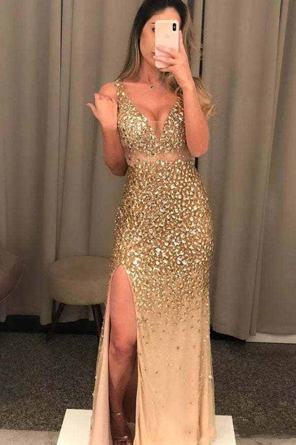 Sparkly Sheath Side Slit Long Prom Dress Rhinestone Evening Dress