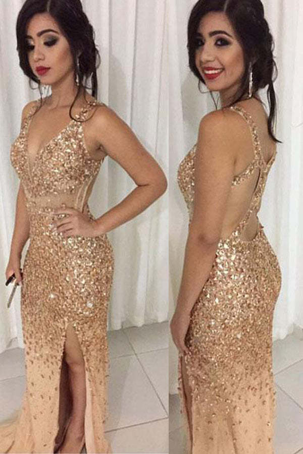Sparkly Sheath Side Slit Long Prom Dress Rhinestone Evening Dress