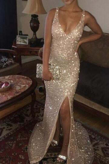 Sparkly Sheath Sleeveless Prom Dress Split Evening Dress