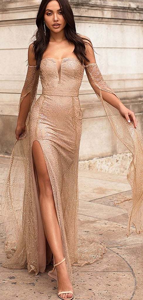 Sparkly Strapless Gold Sequin Prom Dress With Slit